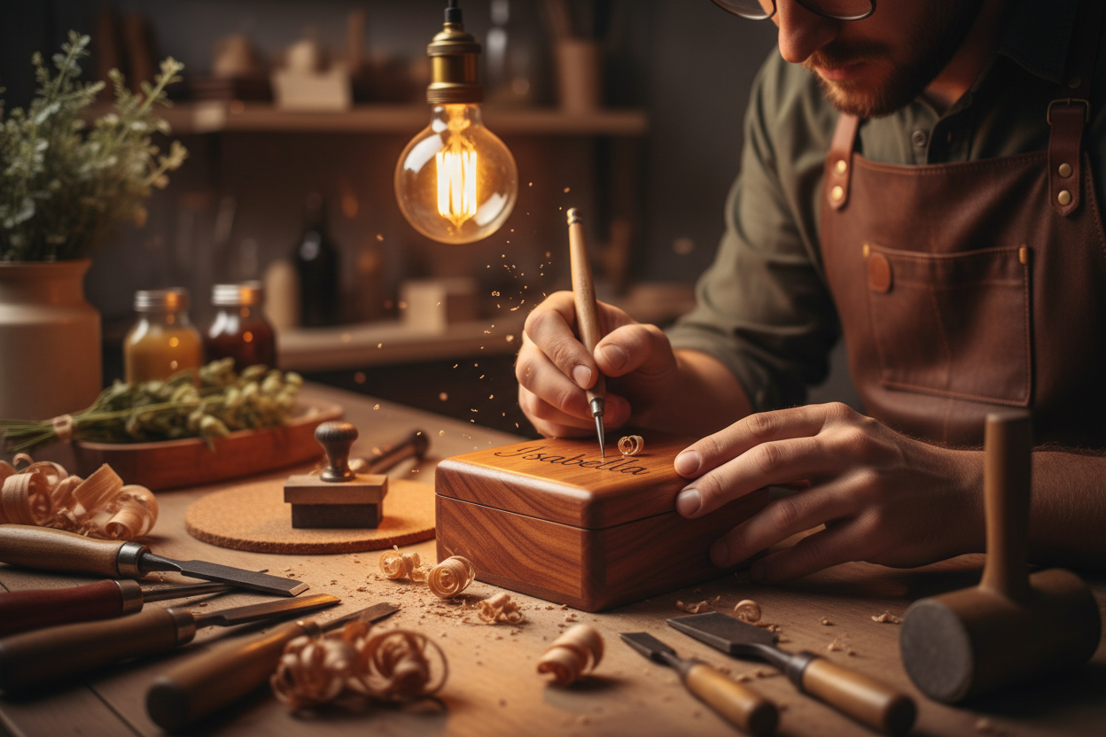 Un artesano fabrica y personaliza un regalo precioso poniendo el nombre de la persona a la que va dirigido el regalo